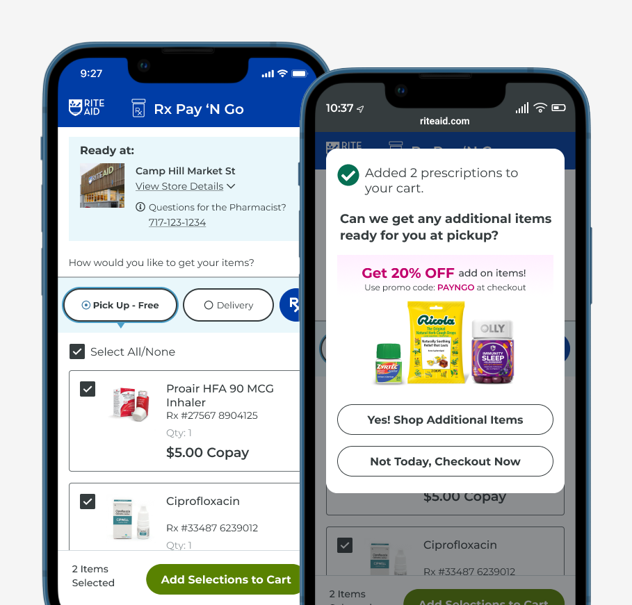 Thumbnail of two iphones showing prescription + ecommerce features